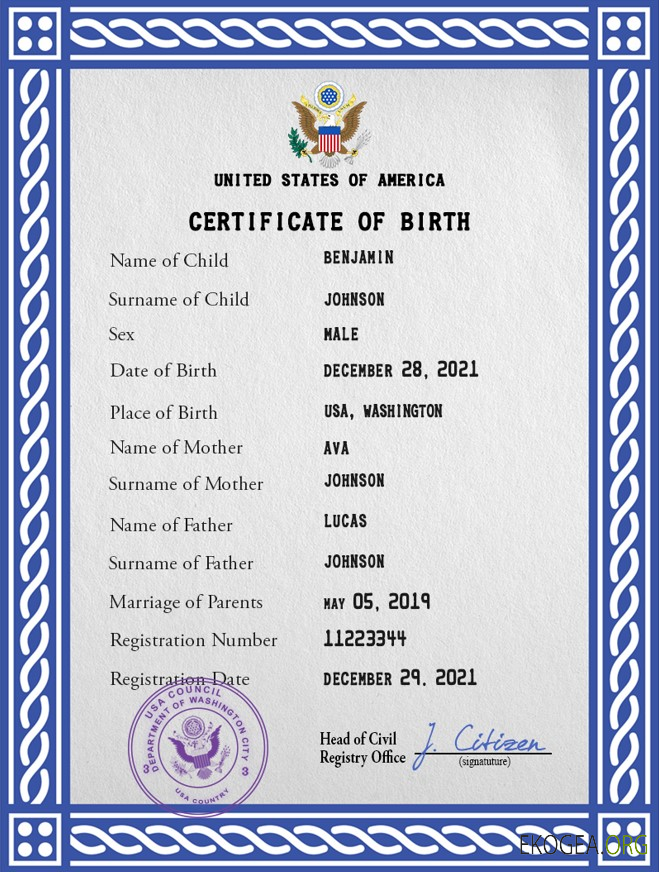 Modèle PSD de certificat de naissance de l'état civil des États Unis